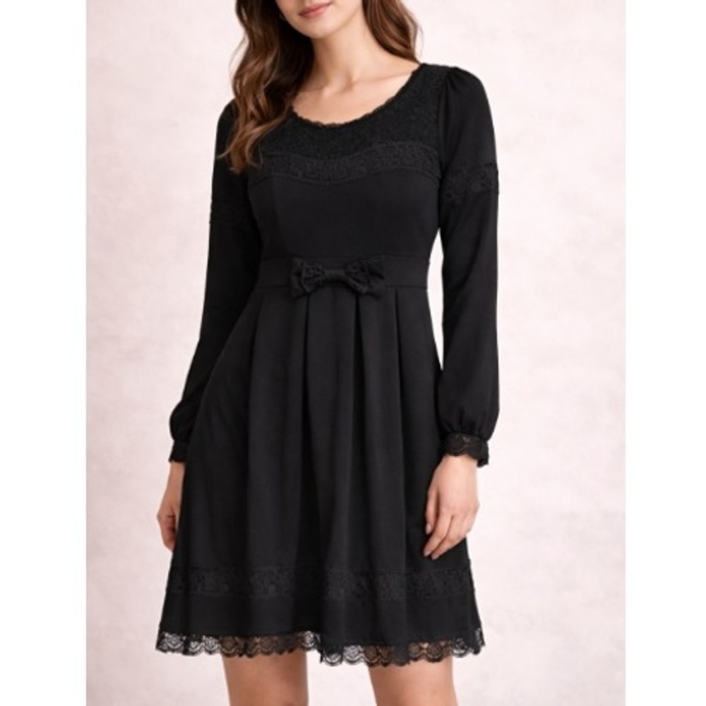 Ank Rouge Women's Black Lace Long Sleeve Bow Pleated Mini Dress Size M NWOT